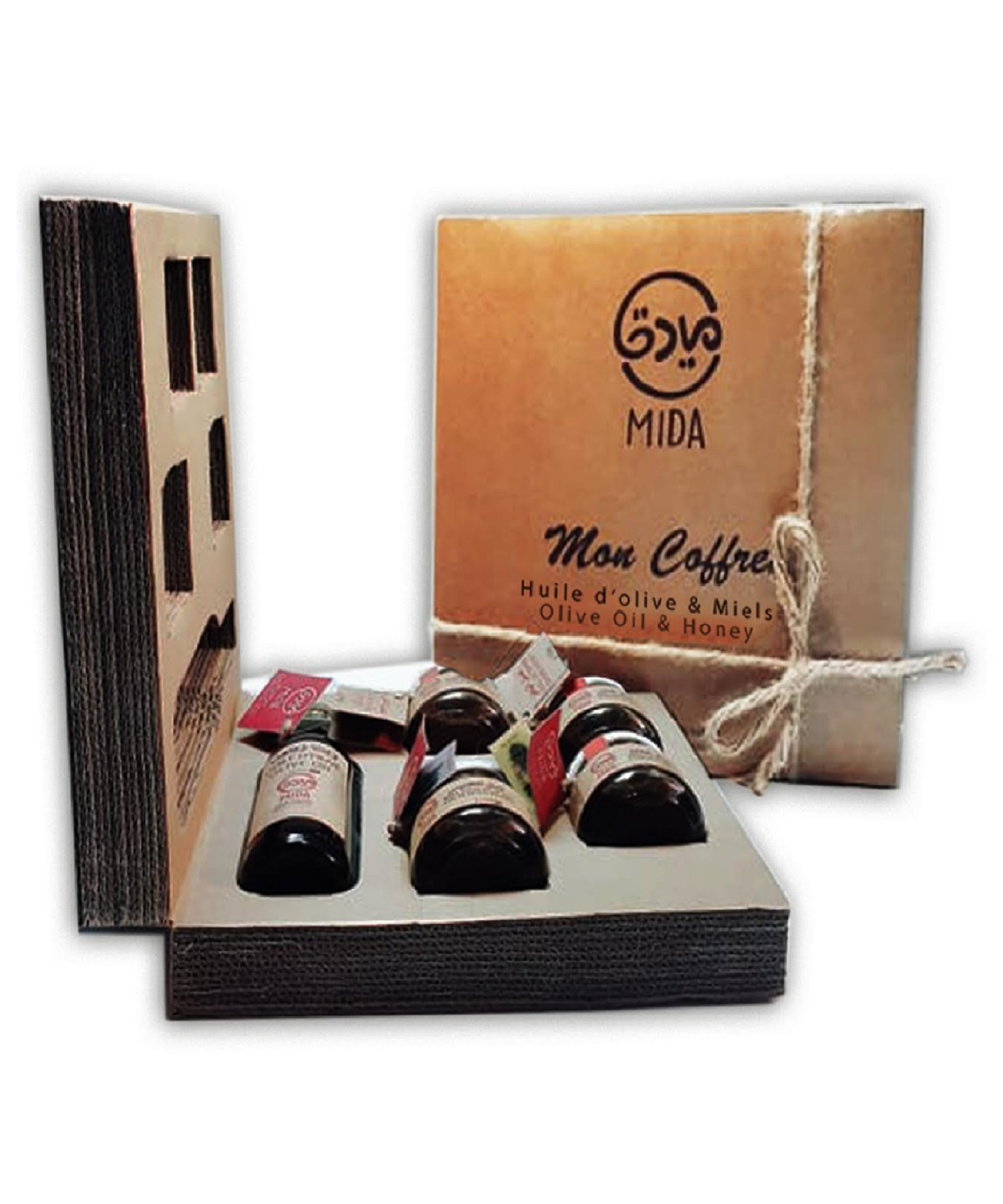 Coffret huile d'olive et 4 miels Bio