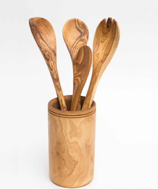 Set de cuisine en bois d'olivier 4 pièces avec un support rond